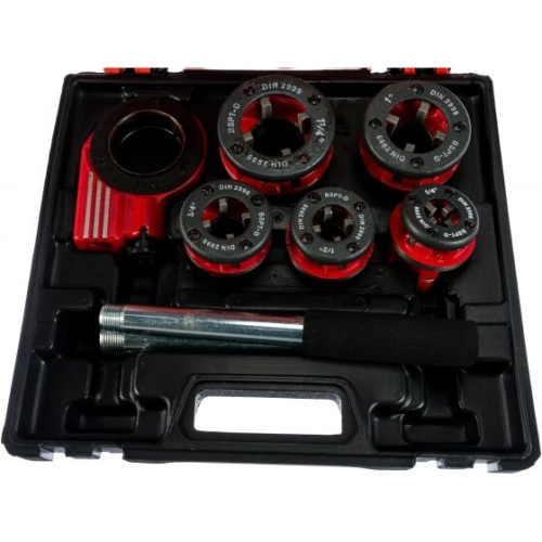 Набор клуппов MATRIX 77332 1/4"-1/2"-3/4"-1"-1,25"+ плашкодержатель с трещоткой, 8 предм