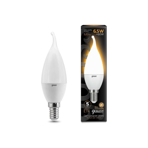 Лампа светодиодная Gauss 104101107 6.5Вт E14 свеча 220B 3000K св.свечения белый теплый уп/10шт