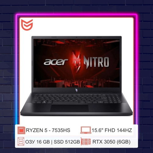 15.6" Ноутбук Acer Nitro V15 Ryzen 5 7535HS, RAM 16 ГБ, SSD 512 ГБ GB, RTX3050-6 Гб 15,6" 144гц