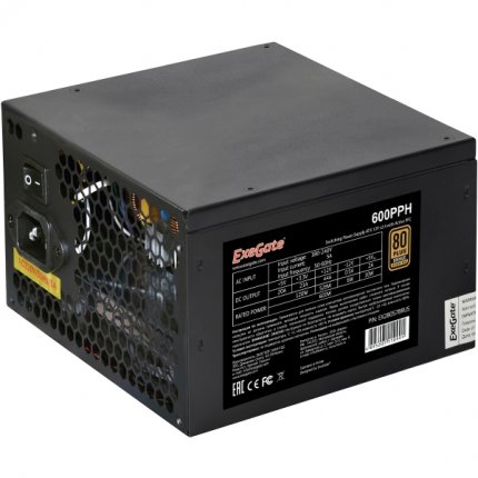 Блок питания ExeGate 600PPH-S EX280578RUS-S 600W, 80+Bronze, ATX, black, APFC, 12cm, 24p, (4+4)p, 5*SATA, 3*IDE