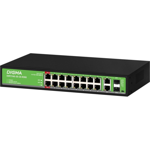 Коммутатор неуправляемый Digma DSP216G-2G-2S-R300 (L2) 18x1Гбит/с 2SFP 16PoE 16PoE+ 2PoE++ 300W