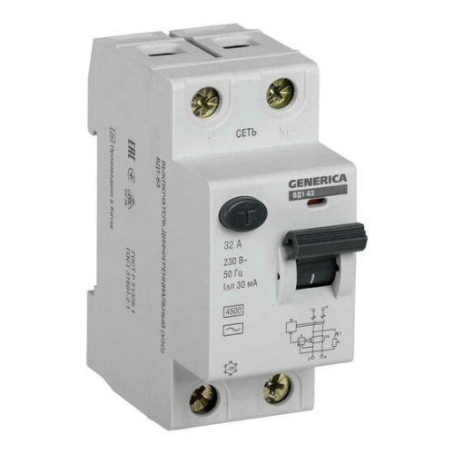 УЗО IEK ВД1-63 Generica (MDV15-2-032-030) 32A 4.5kA 30мА AC 2П 230В серый