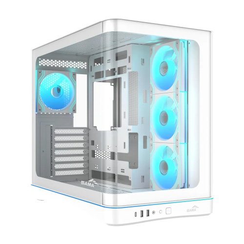 Корпус SAMA V62S White (V62S-WHADA4X1-GL), без БП, Midi-Tower, TG, 4x120mm ARGB, 2xUSB 3.0 + 1xUSB 3.2 Type-C, ATX, mITX