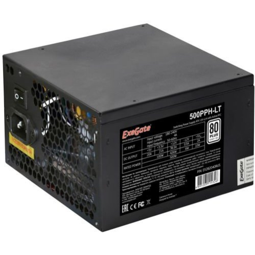 Блок питания ExeGate 500PPH-LT EX282040RUS 500W, 80+, ATX, black, APFC, 12cm, 24p, (4+4)p, 5*SATA, 3*IDE