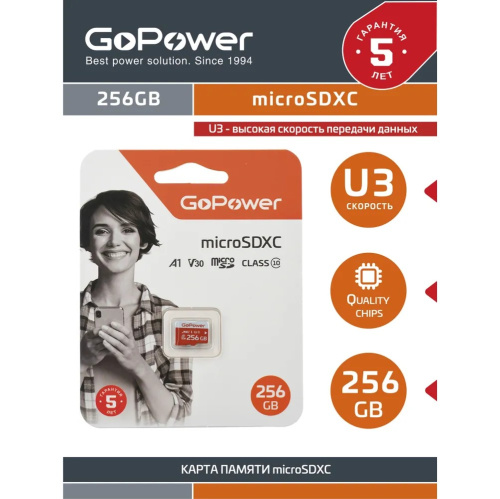 Карта памяти GoPower 00-00025684 microSD 256GB Class10 UHS-I (U3) 100 МБ/сек V30 без адаптера
