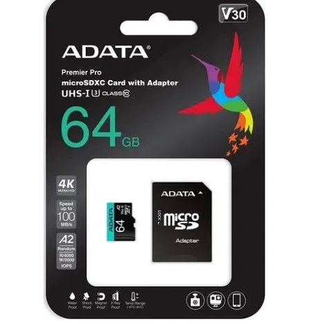 Карта памяти ADATA AUSDX64GUI3V30SA2-RA1 MicroSDXC UHS-I U3 V30S A2 100/75 MB/s 64GB Retail W/1 Adapter