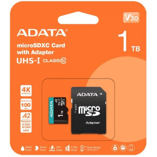 Карта памяти A-DATA AUSDX1TUI3V30SA2-RA1 1TB microSDXC Class 10 UHS-I U3 V30S A2 100/80 MB/s (SD адаптер)
