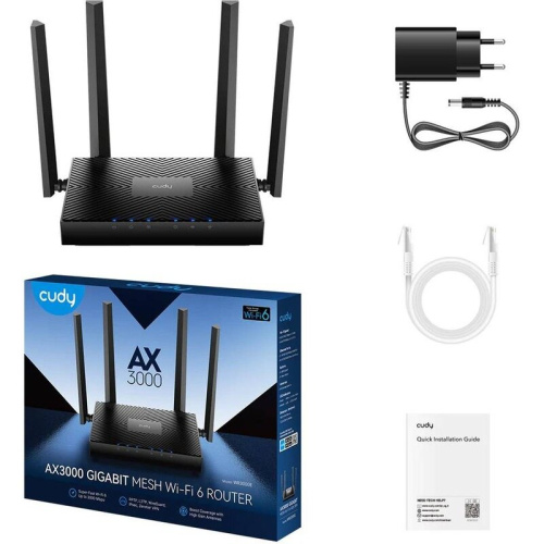 Гигабитный роутер Cudy WR3000E 2.0 Wi-Fi 6 AX3000, 2,4/5ГГц, до 2976Мбит/с, 5x1Гбит/с, IPv6, 4 антенны, черный