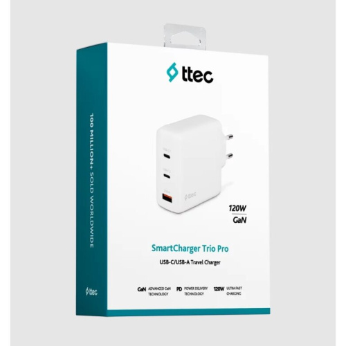 СЗУ TTEC 2SCG04B SmartCharger Trio GAN 120W PD Travel Charger 2 USB-C+USB-A White