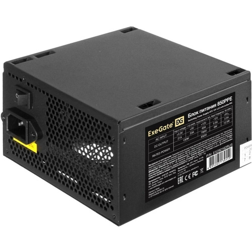 Блок питания ExeGate 850PPE EX292162RUS 850W ATX, APFC, КПД 80 (80 Plus), 12cm fan, 24pin, (4+4)pin, PCIe, 5xSATA, 3xIDE, FDD, black