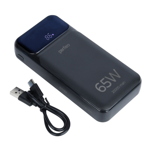 Powerbank Perfeo PF_E1636 Laptop 65W 20000mAh LED дисплей PD+QC 3.0 2Type-C 1 USB, max 65W Black