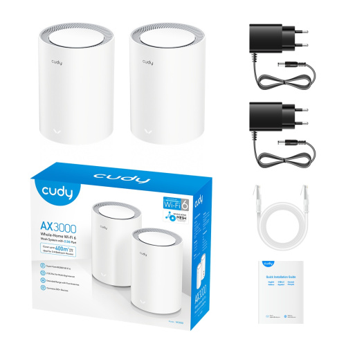 Mesh-система Cudy M3000(2-Pack) V2 2,5-гигабитная Wi-Fi 6 AX3000, 2,4/5ГГц, до 2976Мбит/с, LAN 1x1Гбит/с