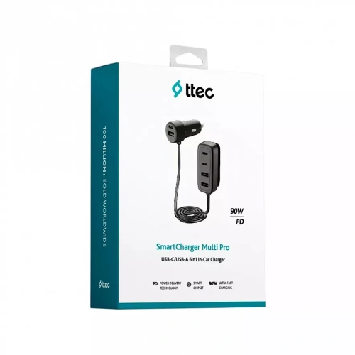 АЗУ TTEC 2CKP06S SmartCharger 6in1 PD 90W Car Fast Charger 3 USB-C + 3 USB-A Black